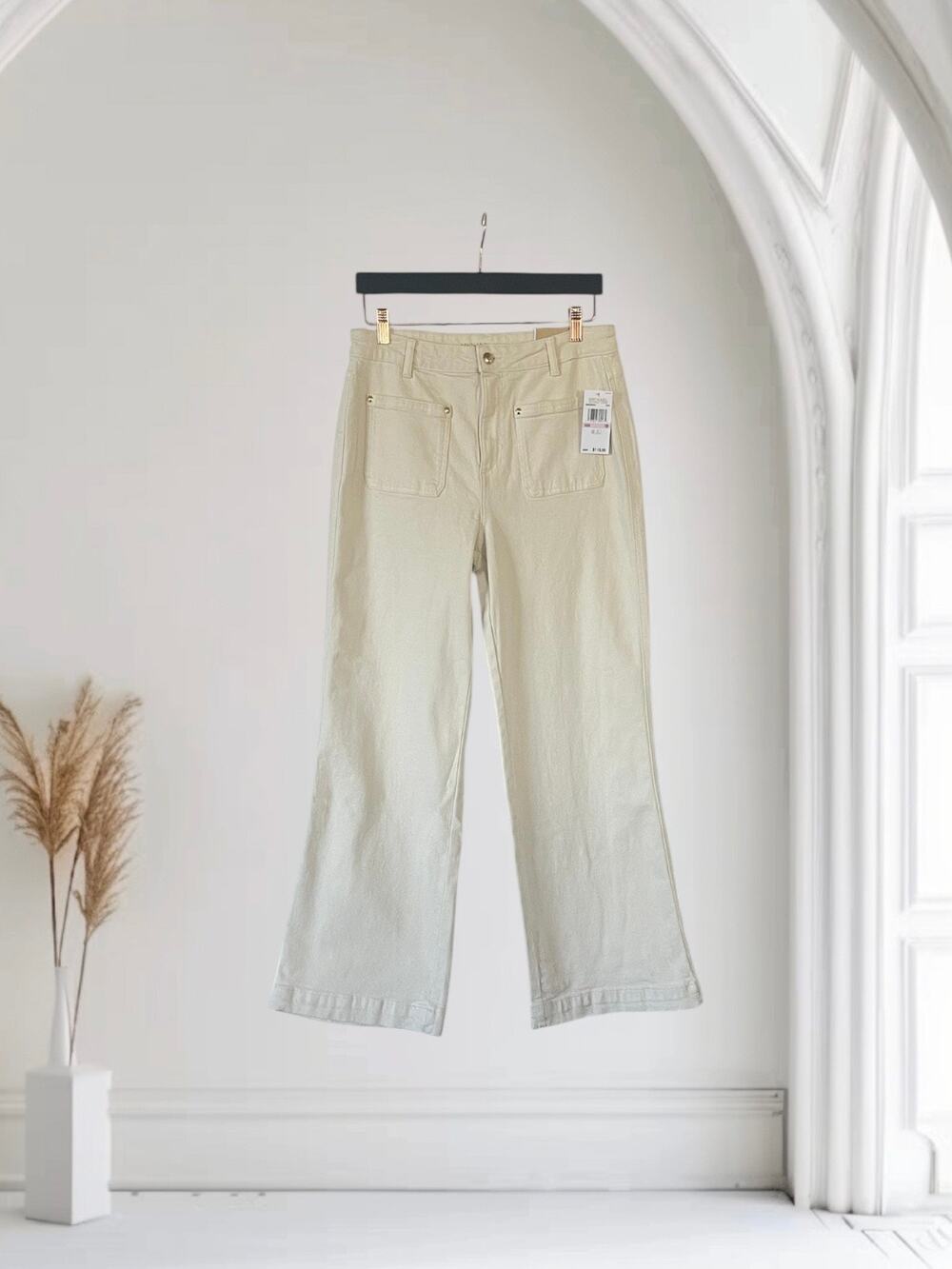 MICHAEL KORS SELMA FLARE COTTON HIGH RISE DENIM JEANS CREAM 10
